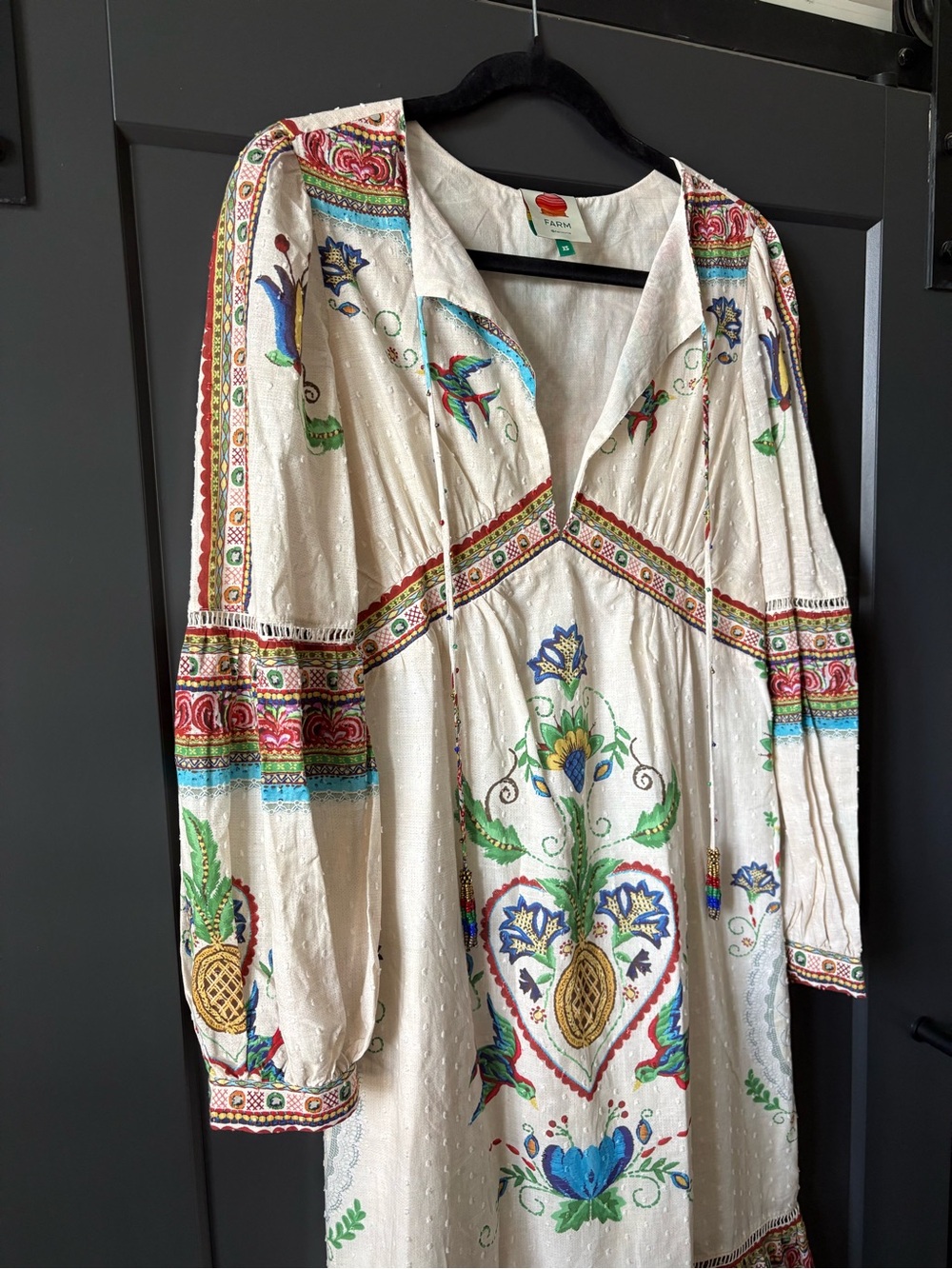 Farm Rio Boho Floral Embroidered Maxi Dress in Ivory and Teal - Picture 4 of 12